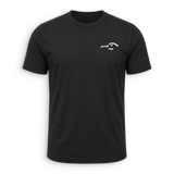A black short-sleeve crewneck t-shirt with a small white minimalist graphic on the left chest, displayed on a clean white background.