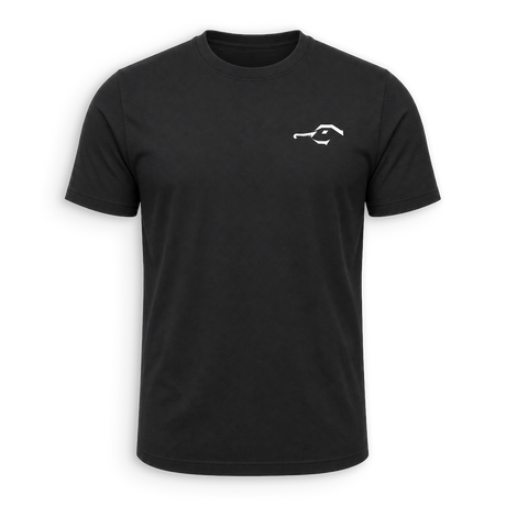 A black short-sleeve crewneck t-shirt with a small white minimalist graphic on the left chest, displayed on a clean white background.