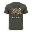 A dark olive green short-sleeve t-shirt shown from the back, featuring a large graphic print of ducks and fish on a wooden plank background with the brand name 'DUX WATERFOWL COMPANY' printed below.
