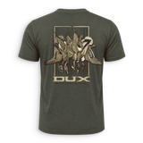 A dark olive green short-sleeve t-shirt shown from the back, featuring a large graphic print of ducks and fish on a wooden plank background with the brand name 'DUX WATERFOWL COMPANY' printed below.