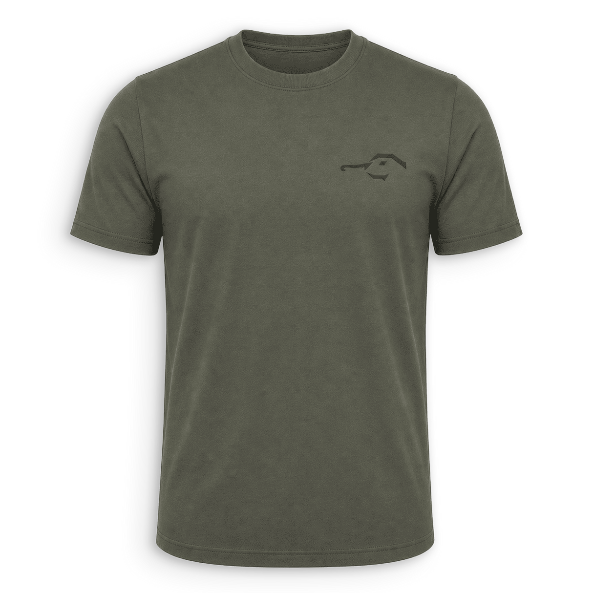 An olive green short-sleeve crewneck t-shirt with a small black line-art graphic on the left chest, displayed against a clean white background.