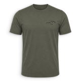 An olive green short-sleeve crewneck t-shirt with a small black line-art graphic on the left chest, displayed against a clean white background.