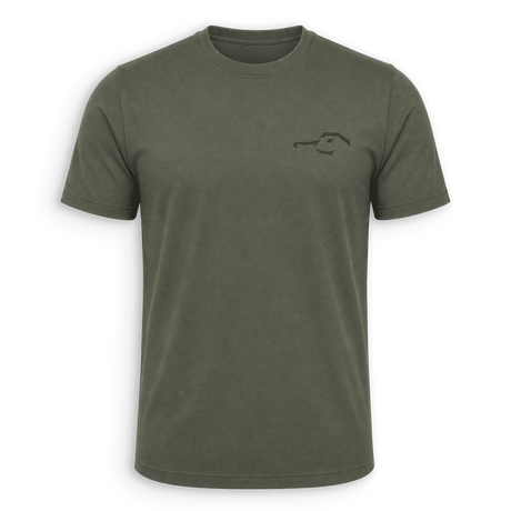 An olive green short-sleeve crewneck t-shirt with a small black line-art graphic on the left chest, displayed against a clean white background.