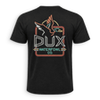 neon sign deisng on the back of a dux shirt 
