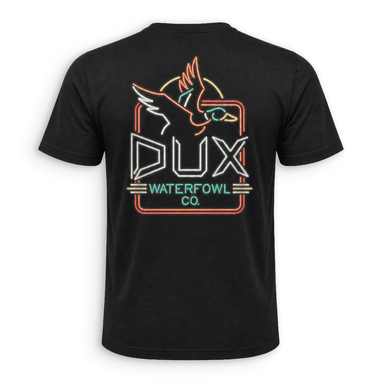 neon sign deisng on the back of a dux shirt 
