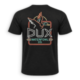 neon sign deisng on the back of a dux shirt 
