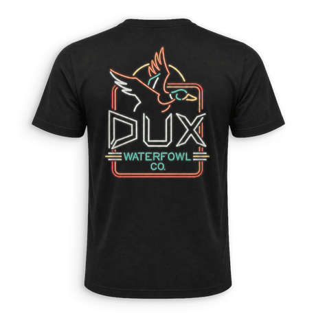 neon sign deisng on the back of a dux shirt 
