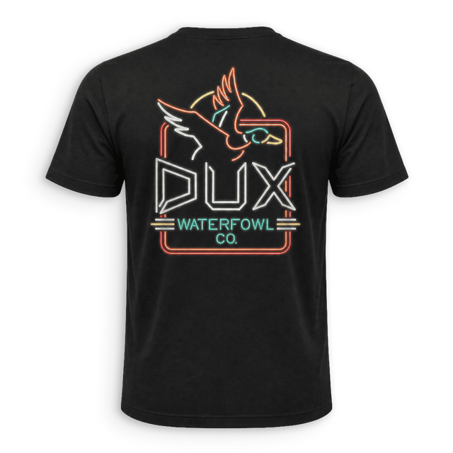 neon sign deisng on the back of a dux shirt 
