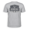 A light gray short-sleeve t-shirt shown from the back, featuring a large dark gray graphic print on the upper back with a duck illustration and the text 'DUX WATERFOWL COMPANY'.