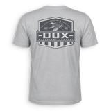 A light gray short-sleeve t-shirt shown from the back, featuring a large dark gray graphic print on the upper back with a duck illustration and the text 'DUX WATERFOWL COMPANY'.
