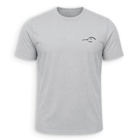A light gray short-sleeve crewneck t-shirt with a small dark gray graphic logo on the left chest, displayed on a clean white background.