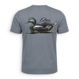 dux waterfowl light blue shirt with a mallard decoy centered on the back of the shirt
