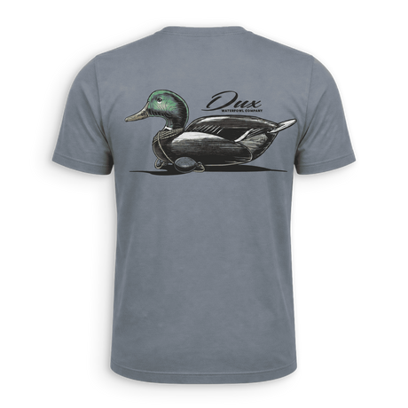 dux waterfowl light blue shirt with a mallard decoy centered on the back of the shirt
