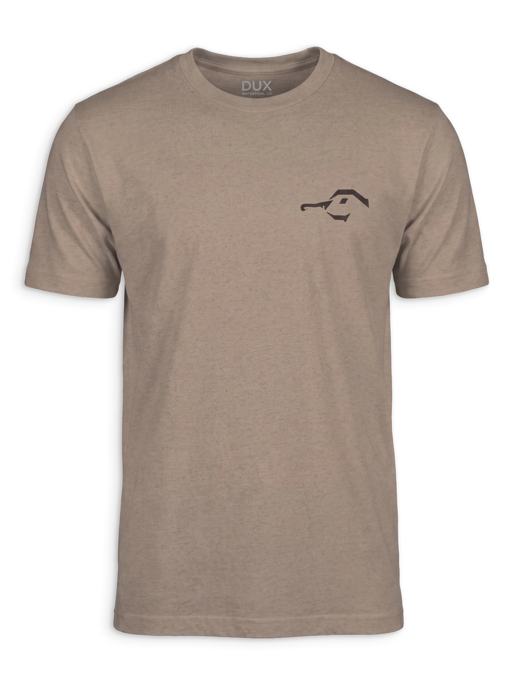 A heathered taupe-brown short-sleeve crewneck t-shirt with a small black DUX logo on the left chest, displayed on a clean white background.