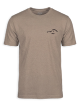 A heathered taupe-brown short-sleeve crewneck t-shirt with a small black DUX logo on the left chest, displayed on a clean white background.