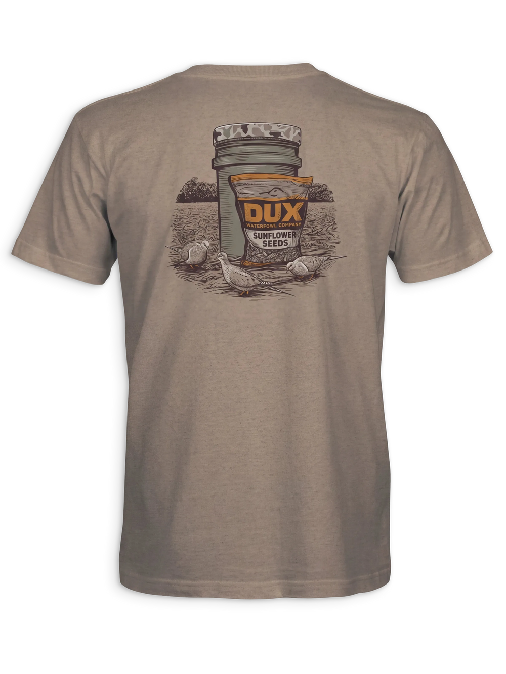 A heather taupe short-sleeve t-shirt showing the back graphic, which features a vintage-style illustration of a Dux Topflower Seeds bucket and bag with ducks in a field.