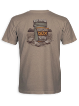 A heather taupe short-sleeve t-shirt showing the back graphic, which features a vintage-style illustration of a Dux Topflower Seeds bucket and bag with ducks in a field.