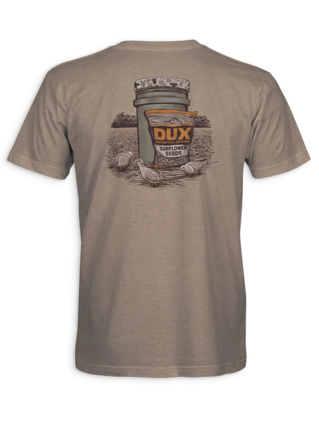 A heather taupe short-sleeve t-shirt showing the back graphic, which features a vintage-style illustration of a Dux Topflower Seeds bucket and bag with ducks in a field.
