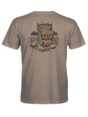 A heather taupe short-sleeve t-shirt showing the back graphic, which features a vintage-style illustration of a Dux Topflower Seeds bucket and bag with ducks in a field.