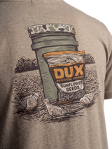 Close-up of a heather taupe t-shirt featuring a graphic print of a Dux Waterfowl Company sunflower seed jar and bag with three doves on a field background.