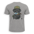 A heather gray short-sleeve t-shirt shown from the back, featuring a large graphic print of a black dog wearing an olive green cap with 'Dix' written on it and holding a blue and orange duck in its mouth.