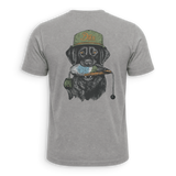 A heather gray short-sleeve t-shirt shown from the back, featuring a large graphic print of a black dog wearing an olive green cap with 'Dix' written on it and holding a blue and orange duck in its mouth.