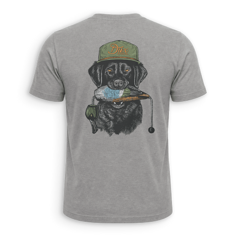A heather gray short-sleeve t-shirt shown from the back, featuring a large graphic print of a black dog wearing an olive green cap with 'Dix' written on it and holding a blue and orange duck in its mouth.