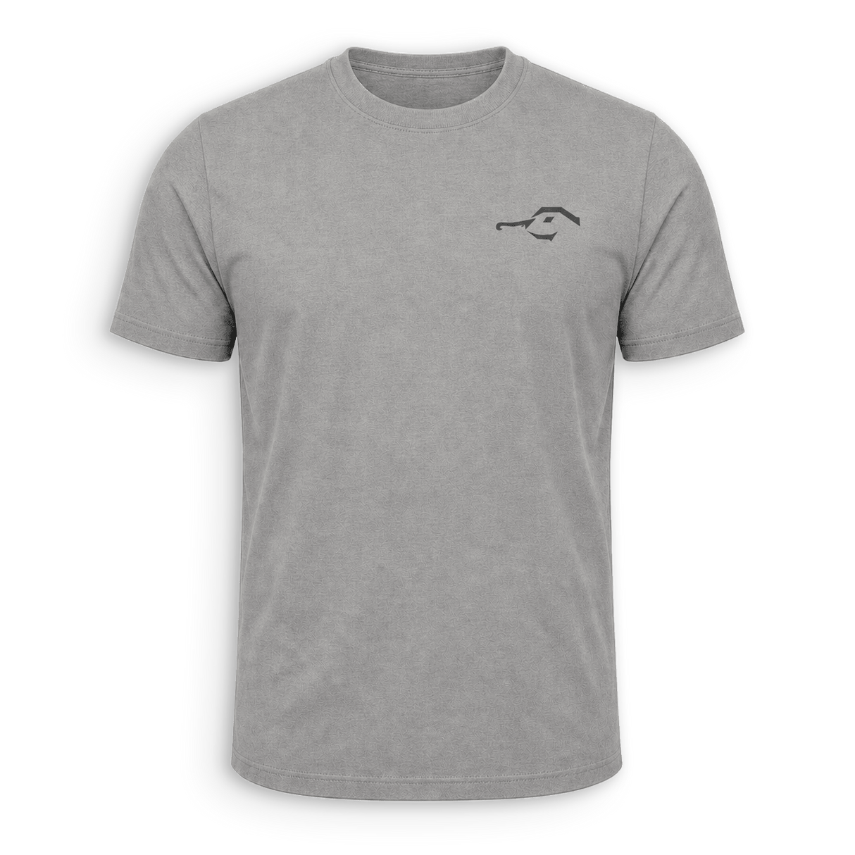 A heather gray short-sleeve crewneck t-shirt with a small black minimalist graphic on the left chest, displayed on a clean white background.