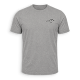 A heather gray short-sleeve crewneck t-shirt with a small black minimalist graphic on the left chest, displayed on a clean white background.