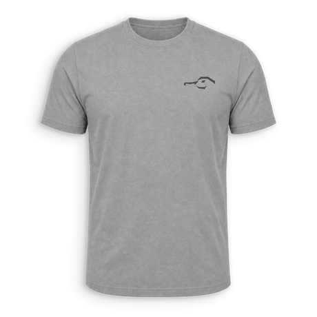 A heather gray short-sleeve crewneck t-shirt with a small black minimalist graphic on the left chest, displayed on a clean white background.