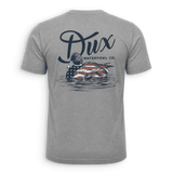 A heather gray short-sleeve t-shirt shown from the back, featuring a large graphic print of a duck with an American flag pattern and the text 'Dux WATERFOWL CO.' above it.