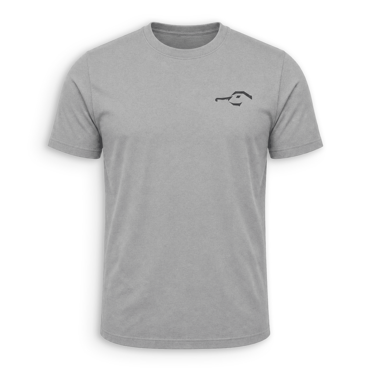 A light gray short-sleeve crewneck t-shirt with a small black minimalist graphic on the left chest, displayed on a clean white background.