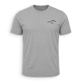 A light gray short-sleeve crewneck t-shirt with a small black minimalist graphic on the left chest, displayed on a clean white background.