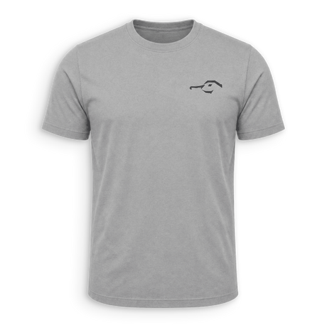 A light gray short-sleeve crewneck t-shirt with a small black minimalist graphic on the left chest, displayed on a clean white background.