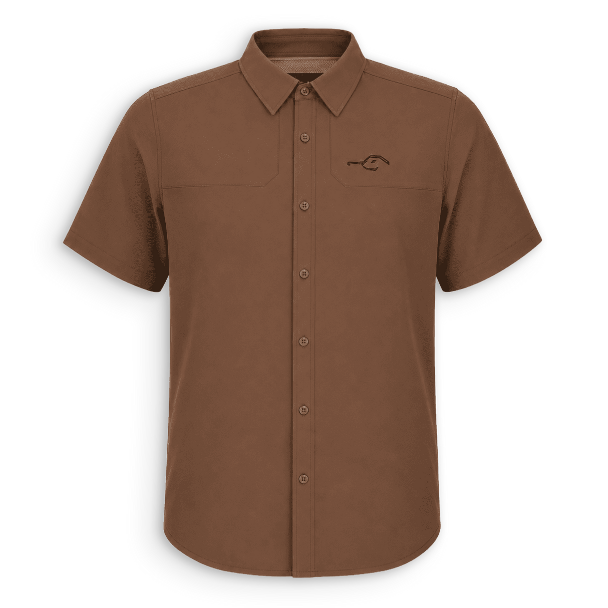 Front view of the brown DUX Wing Shooting Shirt with short sleeves, chest pockets and black DUX logo
