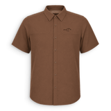 Front view of the brown DUX Wing Shooting Shirt with short sleeves, chest pockets and black DUX logo