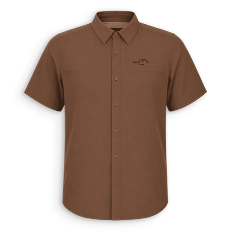 Front view of the brown DUX Wing Shooting Shirt with short sleeves, chest pockets and black DUX logo