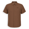 Front view of the brown DUX Wing Shooting Shirt with short sleeves, chest pockets and black DUX logo