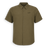 An olive green short-sleeve button-up shirt with a pointed collar, two chest pockets, and a small embroidered logo on the left chest, displayed on a clean white background.