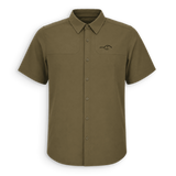 An olive green short-sleeve button-up shirt with a pointed collar, two chest pockets, and a small embroidered logo on the left chest, displayed on a clean white background.