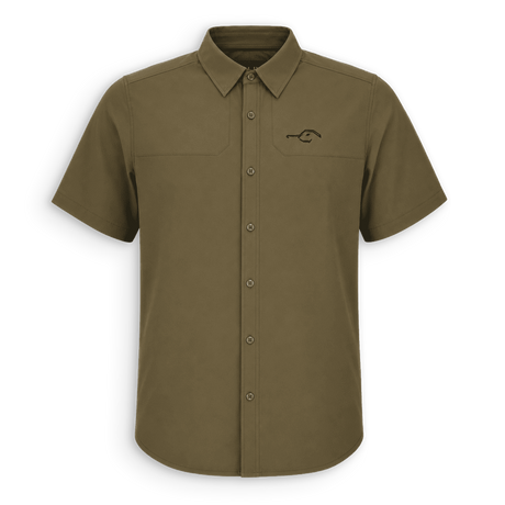 An olive green short-sleeve button-up shirt with a pointed collar, two chest pockets, and a small embroidered logo on the left chest, displayed on a clean white background.