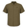 An olive green short-sleeve button-up shirt with a pointed collar, two chest pockets, and a small embroidered logo on the left chest, displayed on a clean white background.