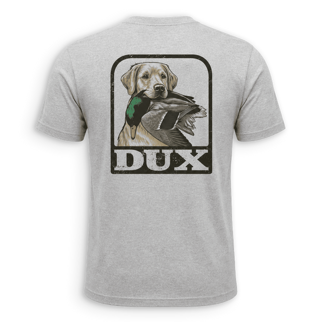 dux shirt showing a dog with a mallard in its mouth
