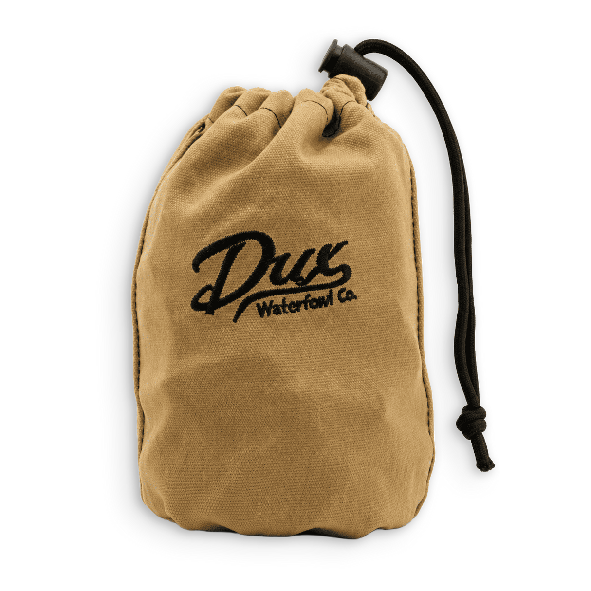A tan canvas drawstring pouch with black embroidery reading 'Dux Waterfowl Co.' on the front, shown on a plain white background.