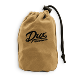 A tan canvas drawstring pouch with black embroidery reading 'Dux Waterfowl Co.' on the front, shown on a plain white background.