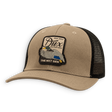 A tan and black trucker hat with a black mesh back and a large embroidered patch on the front. The patch features an eagle and the text 'Dux Waterfowl' and 'The Next Gen'.