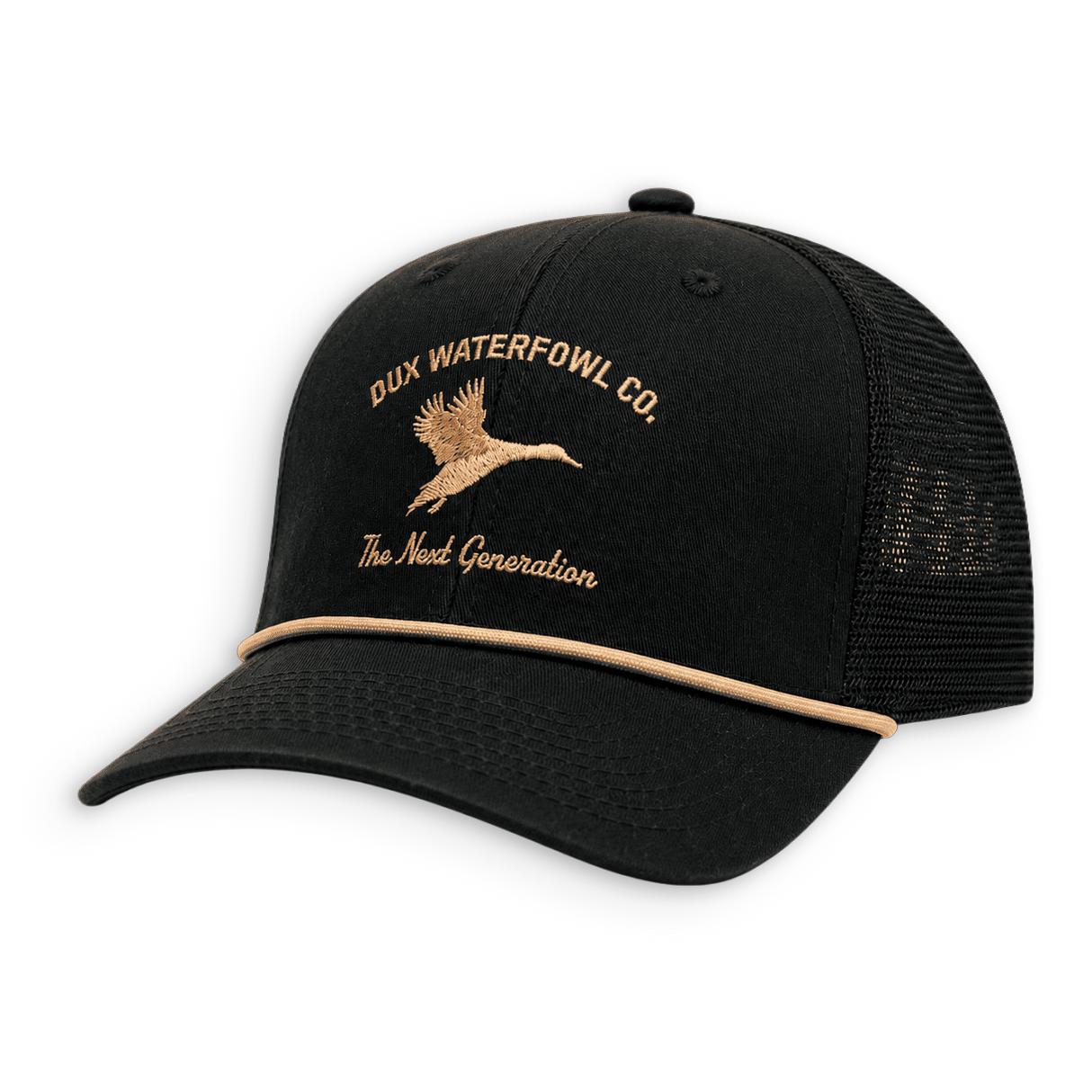 A black trucker hat with a curved brim, black mesh back, and tan embroidered logo and text reading 'DUX WATERFOWL CO.' and 'The Next Generation' on the front panel.
