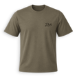 An olive green crewneck t-shirt with a small black 'Dus Motorsports' logo printed on the left chest, displayed on a clean white background.