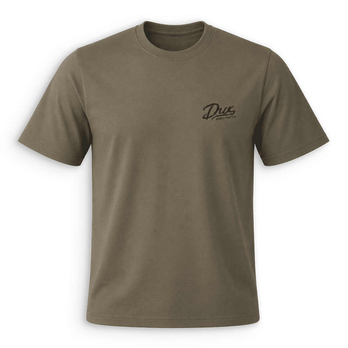 An olive green crewneck t-shirt with a small black 'Dus Motorsports' logo printed on the left chest, displayed on a clean white background.
