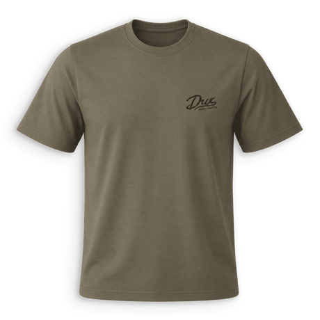 An olive green crewneck t-shirt with a small black 'Dus Motorsports' logo printed on the left chest, displayed on a clean white background.